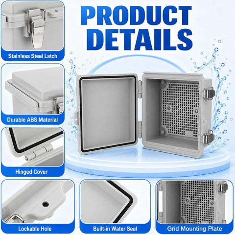 Premium Four Pack Waterproof Electrical Junction Box Outdoor IP67 Plastic Weatherproof Enclosure Gray with stainless steel latch and hinge.