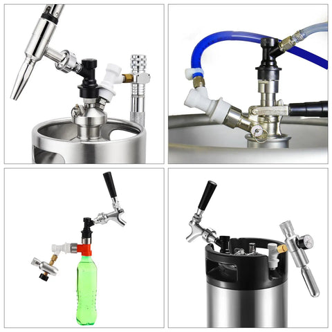 Ball Lock Keg Quick Disconnect Set With 5/16 Barb And 1/4 Barb Fittings, 2 Pairs, Leak-Proof Corny Keg Fittings Kit For DIY Homebrewing, Rotating Nut Adapter, Easy Gas And Liquid Line Connections attached to keg and bottle