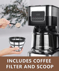 Top Shelf Automatic Drip Coffee Maker And Espresso Brewer For Home Office With High Pressure Pump, includes coffee scoop and filter.
