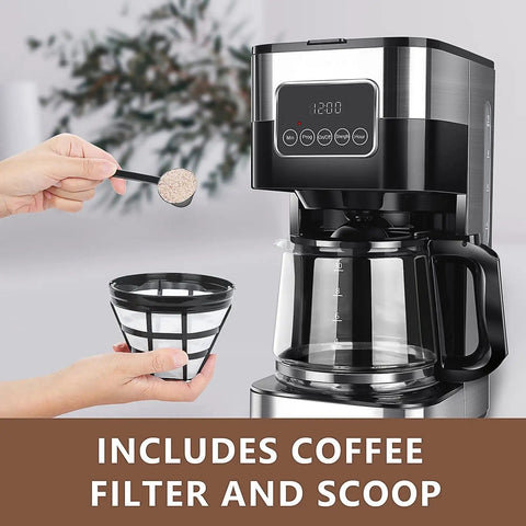 Top Shelf Automatic Drip Coffee Maker And Espresso Brewer For Home Office With High Pressure Pump, includes coffee scoop and filter.