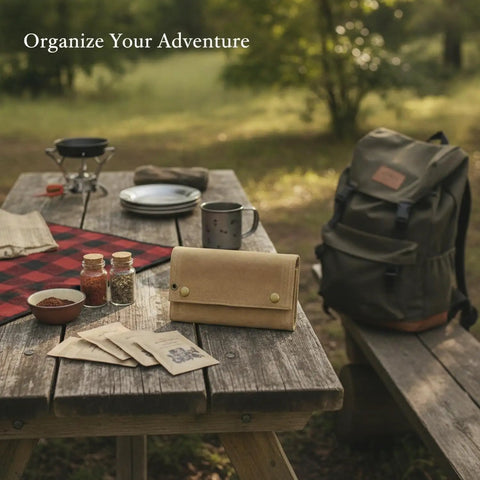 Roll Style Spice Organizer for Camping and Travel Portable Pouch on a picnic table with spices and camping gear.
