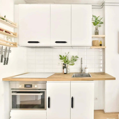 Modern kitchen with 4 Pack Self Adhesive Cabinet Handles No Drill Drawer Pulls 5.27 Inch Easy Install Damageless Furniture Update