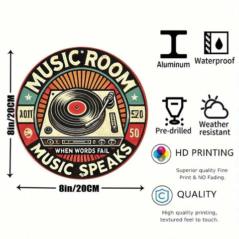Round 8in aluminum wall sign with retro music-room turntable design for indoor/outdoor decor.