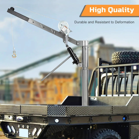 Beefy Heavy Duty Pickup Truck Crane With 1000 Lbs Capacity, Hydraulic Hoist And Manual Winch, 360 Degree Swivel in use on truck bed