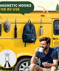 Built Tough 12 Pack Heavy Duty Magnetic Hooks With Swivel Carabiner 70 Pound Nailed Grip 360 Degree Rotating Magnet Clamps For Garage Shelves And Gear Easy Peasy Organization on yellow RV with bags.