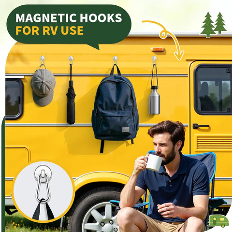 Built Tough 12 Pack Heavy Duty Magnetic Hooks With Swivel Carabiner 70 Pound Nailed Grip 360 Degree Rotating Magnet Clamps For Garage Shelves And Gear Easy Peasy Organization on yellow RV with bags.