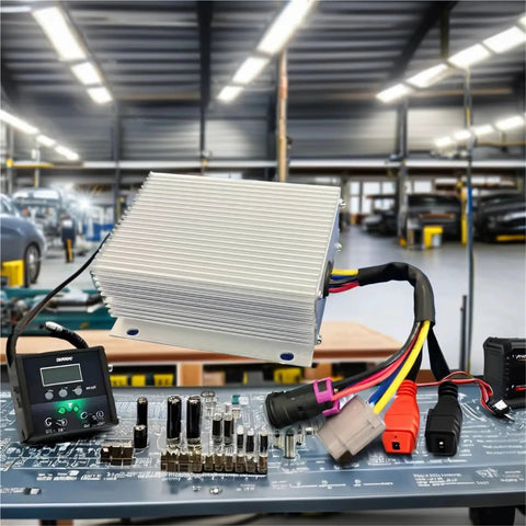 Heavy Duty 96 To 24 Volt Isolated DC Converter 500 Watt Automotive Power Supply for Electric Vehicles in workshop setting.