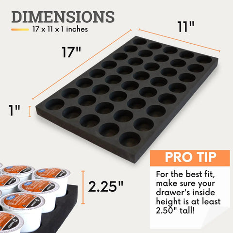 40 Pod K Cup Drawer Organizer for Kitchen Drawers showing dimensions 17 x 11 x 1 inches with K-Cup capacity