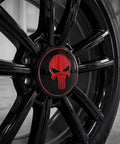 Four Pack Red Metal Skull Wheel Center Hub Cap Stickers Self Adhesive Waterproof Rim Covers Rugged Fits Trailer Grease And Bearing Dust Caps Straight Up Tough on black wheel rim.