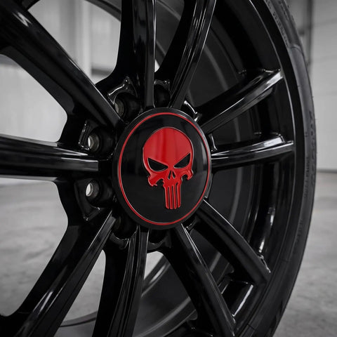 Four Pack Red Metal Skull Wheel Center Hub Cap Stickers Self Adhesive Waterproof Rim Covers Rugged Fits Trailer Grease And Bearing Dust Caps Straight Up Tough on black wheel rim.