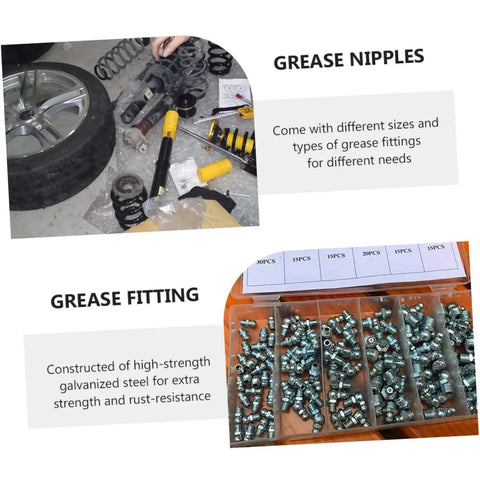 260 Piece Hydraulic Pro Grade Grease Fitting Assortment Kit displayed with fittings and automotive tools in storage case.