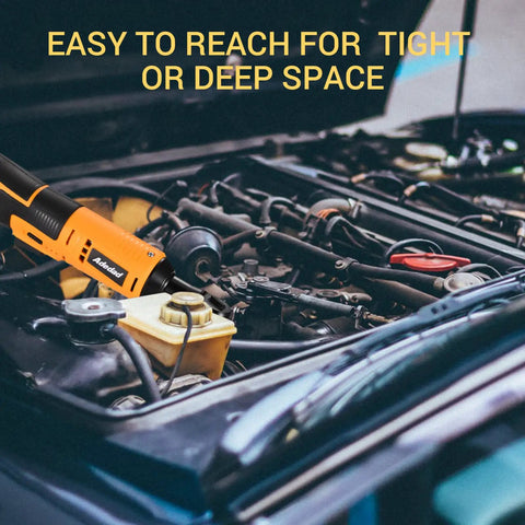 Cordless Ratchet Wrench And Drill Set With 12V Battery Power in use under car hood for auto shop DIY