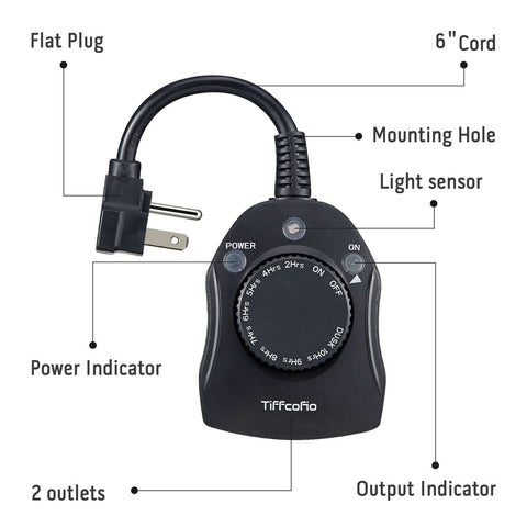 Outdoor Timer Outlet With Dusk To Dawn Sensor, Weatherproof Exterior Power Switch, labeled diagram showing features and components
