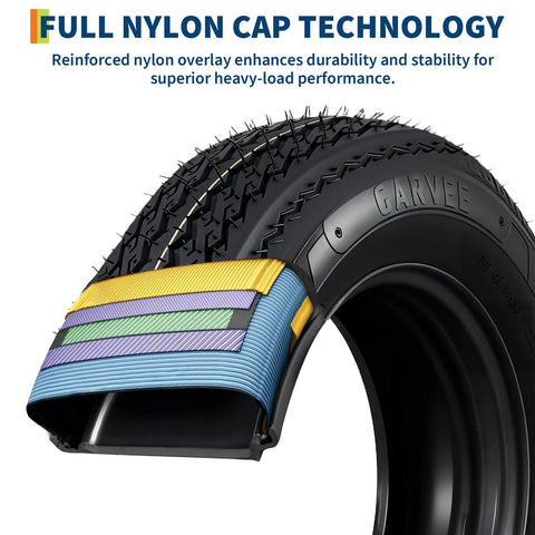 Close-up view of 4.80-12 Bias Ply Trailer Tire showing full nylon cap technology with multi-layered durability features.