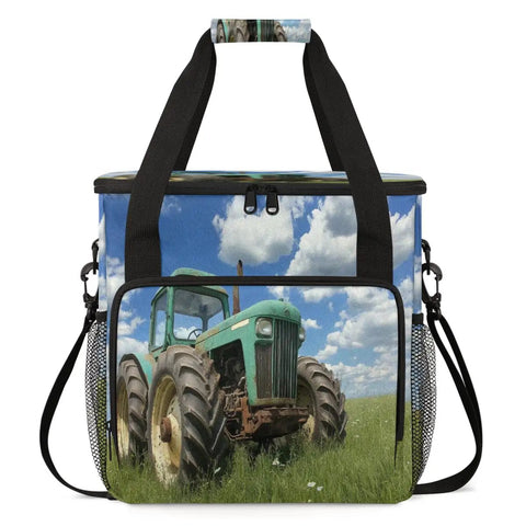 Farm Vintage Tractor Style Coffee Maker Bag Travel Organizer With Pockets For K Cup Pods Waterproof Polyester With Aluminum Foil Liner And 5mm Foam Padding Fully Open Design For Easy Packing Of Your Single Serve Brewer featuring tractor image