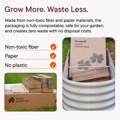 Galvanized Raised Garden Bed Kit For Small Spaces In Moss Green 6x2x1.5 Ft 18 Inch Tall Above Ground Planters For Vegetables And Herbs Rustproof Steel With Internal Support Rods Built To Last No Fuss Setup, showing compostable packaging inside the planter.