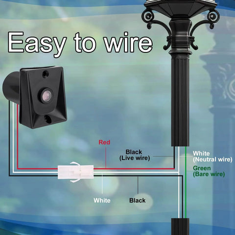 Diagram showing wiring instructions for Dusk To Dawn Outdoor Light Sensor Switch 120V Weatherproof Photocell for exterior fixtures.