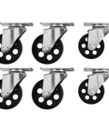 Six smooth swivel casters for heavy duty rolling boom engine hoist with industrial grade steel and black wheels.