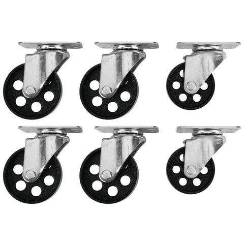 Six smooth swivel casters for heavy duty rolling boom engine hoist with industrial grade steel and black wheels.