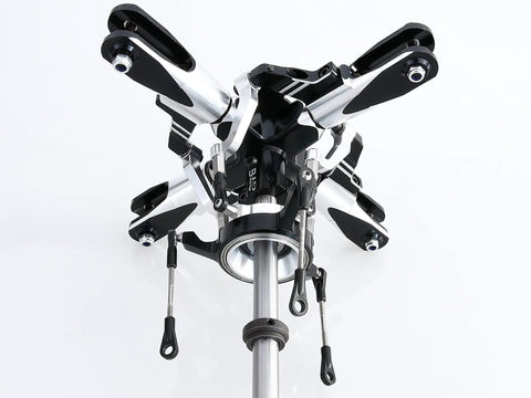Close-up view of T Rex 600 DFC 4 Blade Flybarless Rotor Head Kit, highlighting high precision CNC machined durable alloy build.