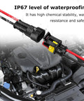 Top Tier 10 Set Of Premium 14 Awg Two Pin Electrical Connector Kits Made With Durable Copper And Nylon For Rock Solid Current Transmission And Easy Plugging. IP67 waterproof two-pin connector in car engine bay with red and black wires