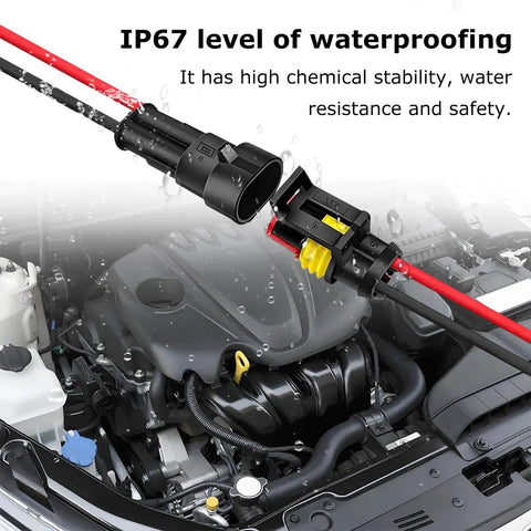 Top Tier 10 Set Of Premium 14 Awg Two Pin Electrical Connector Kits Made With Durable Copper And Nylon For Rock Solid Current Transmission And Easy Plugging. IP67 waterproof two-pin connector in car engine bay with red and black wires