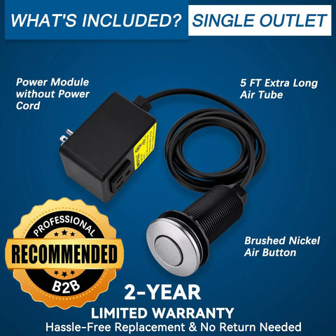 Garbage Disposal Air Switch Kit With Cordless 3.6 Inch Push Button In Stainless Steel Brushed Nickel UL Listed For All Disposals Easy Install Sink Top Switch For Safe And Modern Kitchen Upgrade components with power module, air tube, and air button.