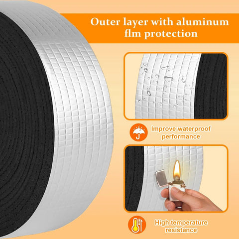 Close-up of Two Pack 33Ft Foam Pipe Insulation Wrap with aluminum foil layer, shown waterproof and fire resistant features.