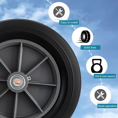 Close-up of Heavy Duty 2 Pack 12 Inch Flat Free Solid Rubber Wheels with 1000 lb load capacity and easy installation features.