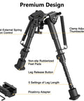 6 To 9 Inch Picatinny Bipod With Adjustable Five Setting Legs And Spring Return Quick Attach Picatinny Adapter Included Heavy Duty Steel And Aluminum Construction Black Anodized Finish For Rugged Hunting And Shooting showing features.