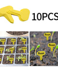 10PCS yellow plant labels marking seedlings in soil with names like Melissa and Bean visible in garden setup.
