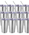 Top Shelf 20 Oz Stainless Steel Tumbler Bulk 12 Pack Double Wall Vacuum Insulated Travel Coffee Mug With Splash Proof Lid And Straw Fits Cup Holder Powder Coated Finish Keeps Your Sip Frosty While You Run Things Silver 12 Pack stacked in rows.