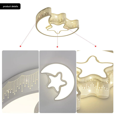 Close To Ceiling Kids Room Light Fixture With Moon And Star Shape Modern Metal Ceiling Chandelier In White 4000K Natural Glow