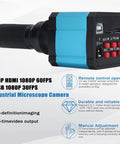 Close-up of Heavy Duty 37MP 1080P Industrial C Mount Microscope Camera showing HDMI and USB ports, remote controls, and blue casing.