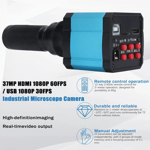 Close-up of Heavy Duty 37MP 1080P Industrial C Mount Microscope Camera showing HDMI and USB ports, remote controls, and blue casing.