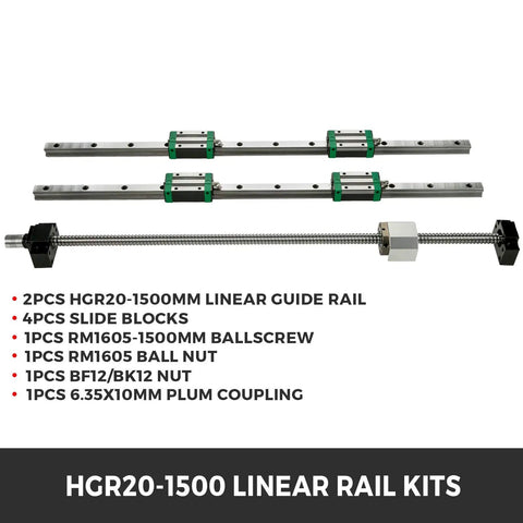 Beefy HGR20 1500mm Linear Guide Rail Kit with 2 rails, 4 blocks, RM1605 1500mm ballscrew, ball nut, BF12 BK12 nut, plum coupling