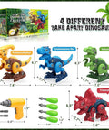 Take Apart Dinosaur Building Kit With Electric Drill For Kids 4 Pack Dinos STEM Educational Construction Toys For Ages 3 4 5 6 7 Tyrannosaurus Rex Included Perfect Birthday Gift, showing four different dinosaur models, drill, and tools.