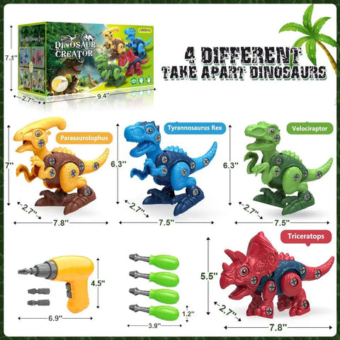 Take Apart Dinosaur Building Kit With Electric Drill For Kids 4 Pack Dinos STEM Educational Construction Toys For Ages 3 4 5 6 7 Tyrannosaurus Rex Included Perfect Birthday Gift, showing four different dinosaur models, drill, and tools.