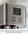 Close-up of Quick Heat 20 Bar Espresso Machine With Integrated Milk Frother's pressure gauge for precise extraction.