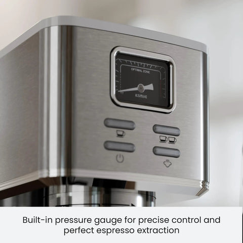 Close-up of Quick Heat 20 Bar Espresso Machine With Integrated Milk Frother's pressure gauge for precise extraction.