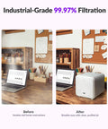 Before and after images of the Top Shelf Five Stage Fume Extractor For WeCreat Lumos Laser Engraver showing improved air quality.