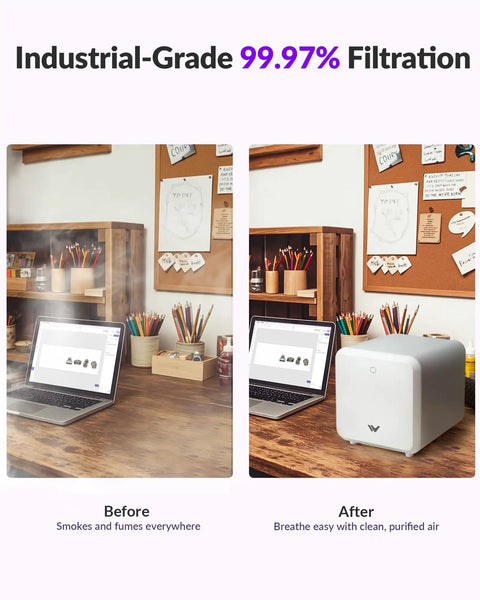 Before and after images of the Top Shelf Five Stage Fume Extractor For WeCreat Lumos Laser Engraver showing improved air quality.