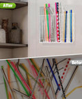 Adhesive Cabinet Door Mount Acrylic Straw Holder With Six Jumbo Compartments That Totally Eliminates Countertop Junk And Keeps Every Favorite Reusable Tumbler Straw Super Clutch For On The Go Sipping, after and before organization comparison.