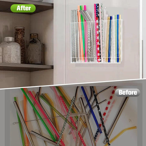 Adhesive Cabinet Door Mount Acrylic Straw Holder With Six Jumbo Compartments That Totally Eliminates Countertop Junk And Keeps Every Favorite Reusable Tumbler Straw Super Clutch For On The Go Sipping, after and before organization comparison.
