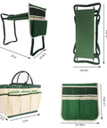 Dimensions and views of Built Tough Garden Kneeler And Seat Foldable Stool With Large Tool Pouch And Storage Bag Space Saving Design Ideal Gift For Gardeners Seniors And Parents.