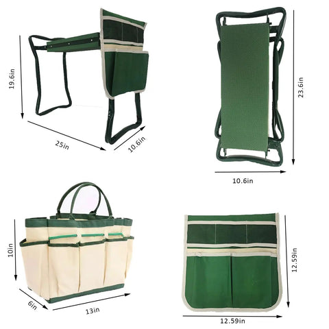 Dimensions and views of Built Tough Garden Kneeler And Seat Foldable Stool With Large Tool Pouch And Storage Bag Space Saving Design Ideal Gift For Gardeners Seniors And Parents.
