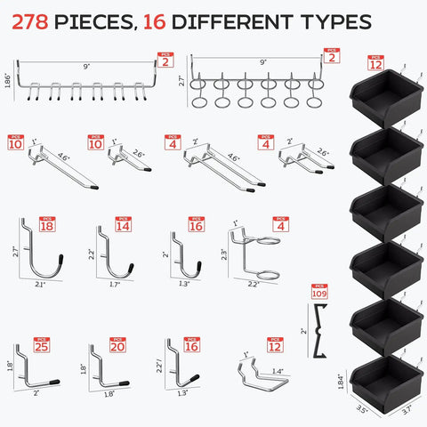 278 Piece Upgraded Pegboard Hooks Assortment With Bins Kit displaying various hooks and bins for 1/8" and 1/4" pegboards.