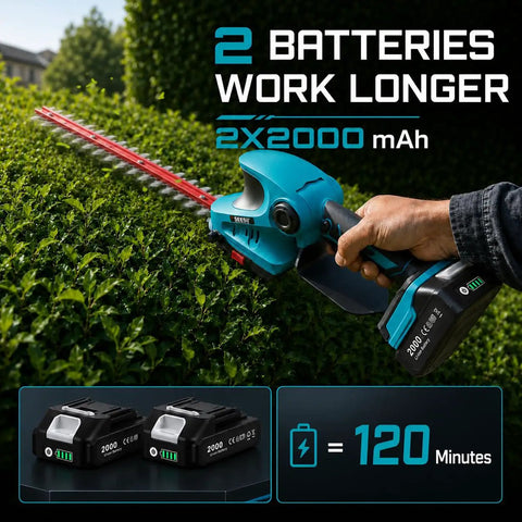 Cordless 20V Hedge Trimmer And Grass Shears Two In One With 12 Inch And 6 Inch Dual Action SK5 Blades showcasing battery use.