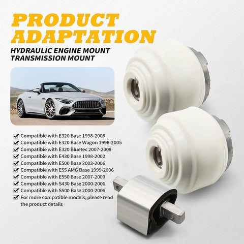 Dope Hydraulic Engine And Transmission Mount 3 Piece Kit Direct Replacement For Mercedes Sl500 Cl500 E500 Auto Transmission showing two hydraulic mounts and a metal connector.