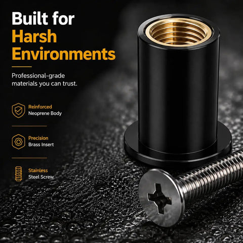 Rugged Neoprene Well Nuts Assortment Kit With Corrosion Proof Stainless Steel Screws M4 M5 M6 showing reinforced neoprene body and stainless steel screw.